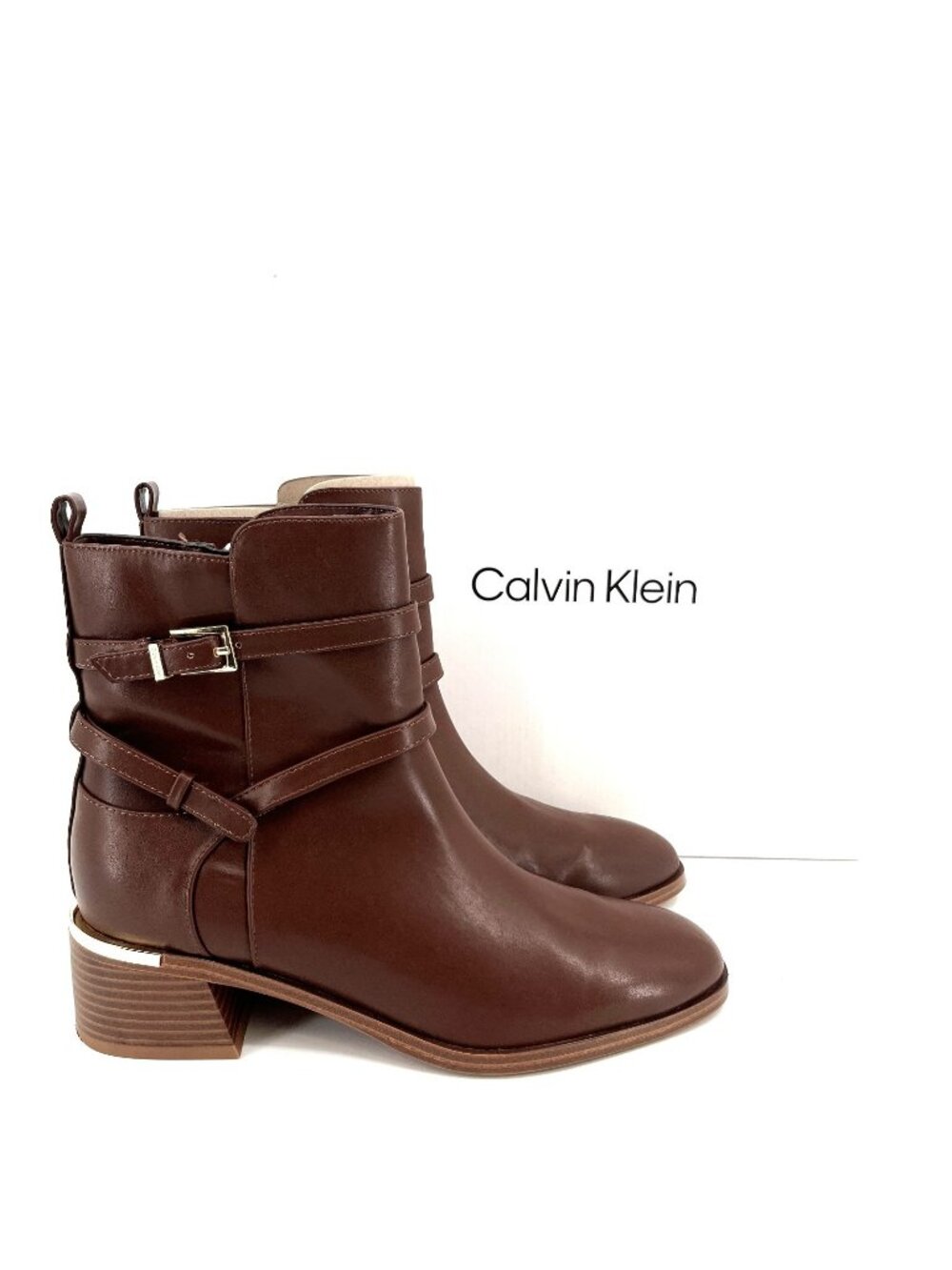 Calvin Klein Jasen Booties Brown Size 9M Faux Leather Buckle Strap Block Heel
